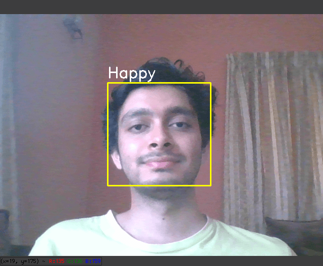 Smiling man with yellow box around their face labelled 'Happy'
